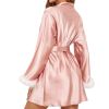 Women's Silky Kimono Robes with Fluff Bridesmaid Bride Satin Bathrobe