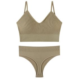Women's Underwear Small Chest Push-up Thin Wireless Large Size Sports Sling Vest French Triangle Cup Bra Set (Option: Khaki-L125 150kg)